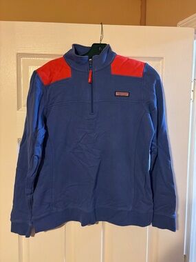 Vineyard Vines women’s Royal Blue Quarter-Zip Shep sweatshirt with Orange Panels